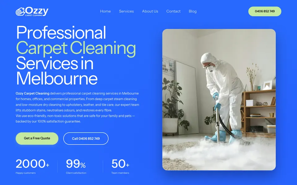 Home page of the Ozzy Carpet Cleaning website