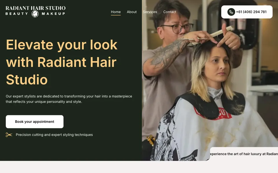 Home page of the Radiant Hair Studio website